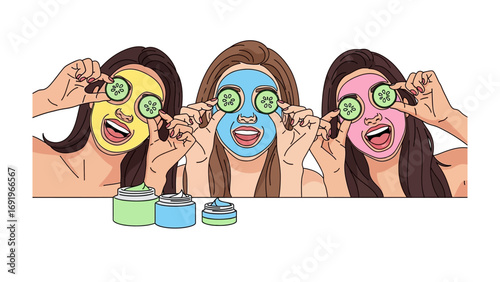 Three diverse women with colorful facial masks and cucumber slices over their eyes enjoying a spa day at home together