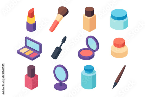 Isometric makeup essentials set featuring various cosmetic products on white background