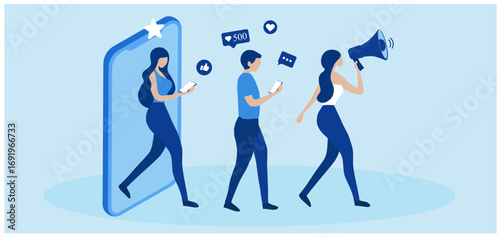 people shouting in loud speaker with social media icons. Influencer social media marketing, blogger, vlogging, social influencer and influencer marketing concept vector illustration