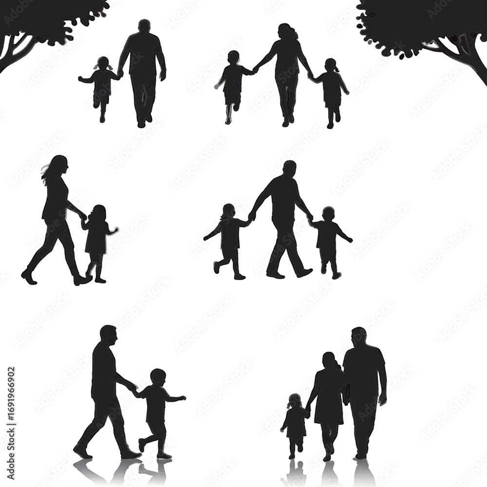 Fototapeta premium Silhouettes of families walking together in nature, depicting parents holding hands with their children