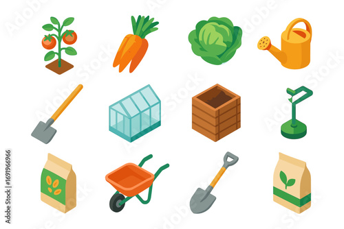 Gardening tools and vegetables isometric icon set
