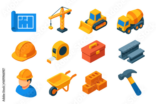 Isometric construction tools and equipment icons for project planning