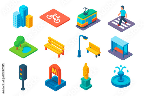 Isometric urban elements set with transportation, architecture, and park features