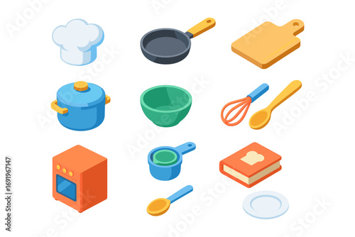 Isometric kitchen utensils and appliances collection for cooking enthusiasts