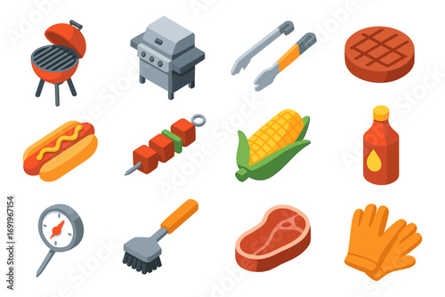 Isometric bbq icon set with grill, food, and tools in flat design