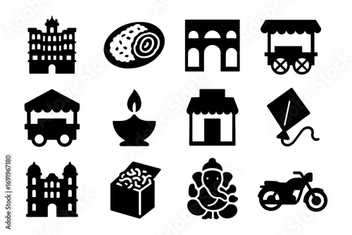 Silhouette icons of indian culture: monuments, food, and festivals