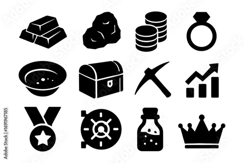 Silhouette icons of gold mining and wealth elements for digital use