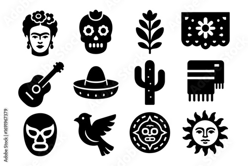 Mexican icons set: dia de los muertos, mariachi, cacti, and sun symbols in bold black silhouette style