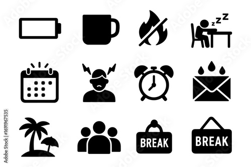 Minimalist icons: battery low, coffee, no fire, sleep, calendar, stress, alarm, email alert, vacation, team, break signs