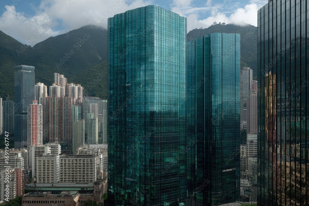 Fototapeta premium Skyscrapers pierce a city skyline.