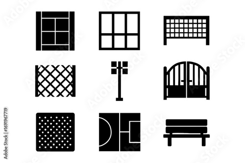 Set of nine minimalist black icons featuring fences, gates, and outdoor structures