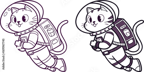 Cartoon cat astronaut floating in space with purple accents