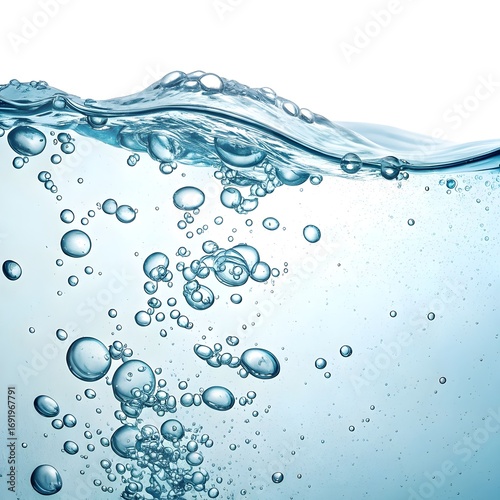 Close up of clear blue water with rising air bubbles and a gentle wave on a white background