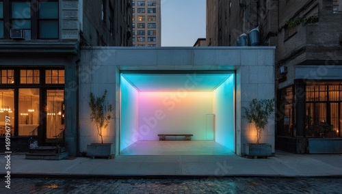 Urban storefront illuminated by vibrant light