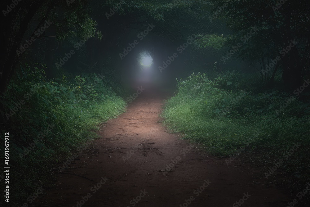 Obraz premium Misty forest path leads to a light source