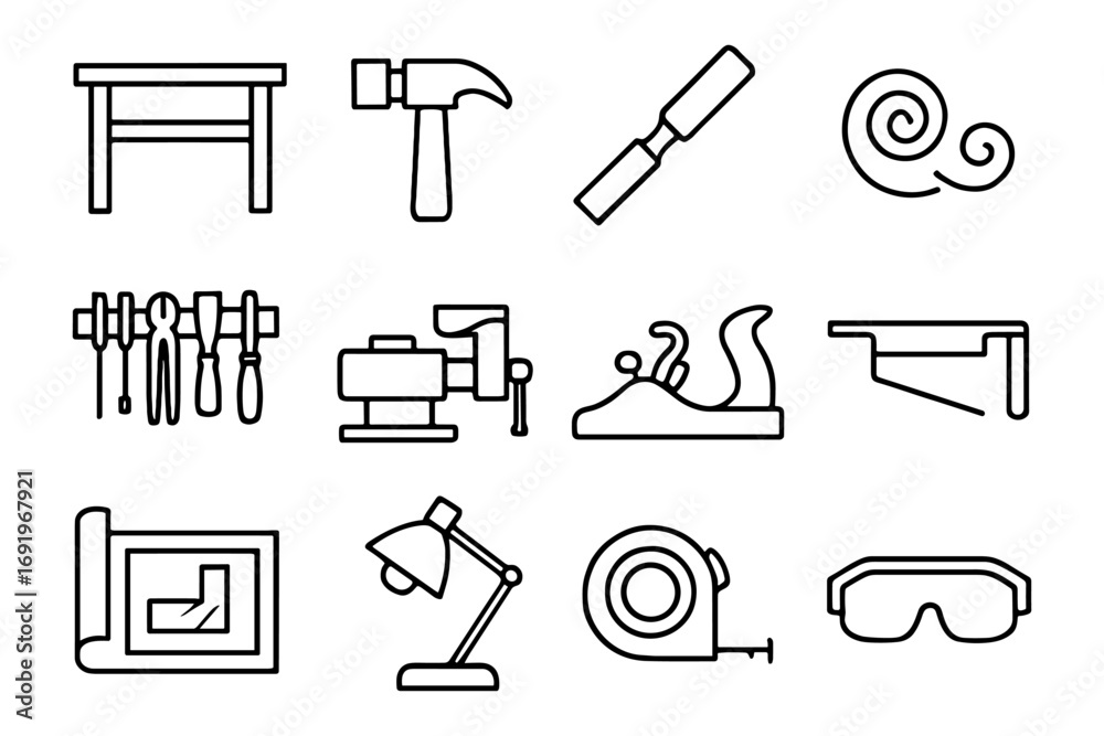 Fototapeta premium Outline icons of woodworking tools and equipment for carpentry projects