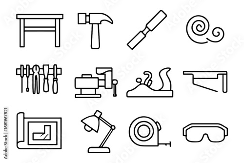 Outline icons of woodworking tools and equipment for carpentry projects
