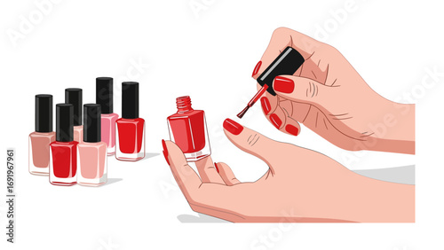 Close up of a woman s hands applying red nail polish from a bottle with a collection of various colored nail polish bottles in the background