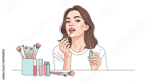 Young woman applying makeup with brushes and cosmetics a beauty routine for a natural look self care and personal grooming