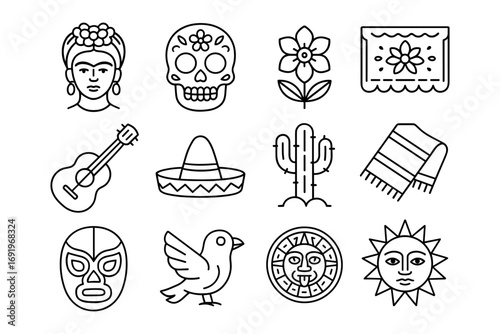 Traditional mexican icons in minimalist line art design celebrating culture and heritage