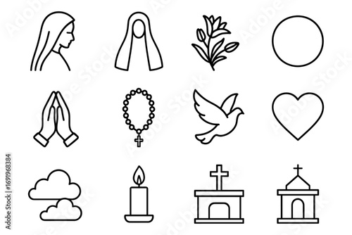 Simple line icons of religious symbols and faith-based elements