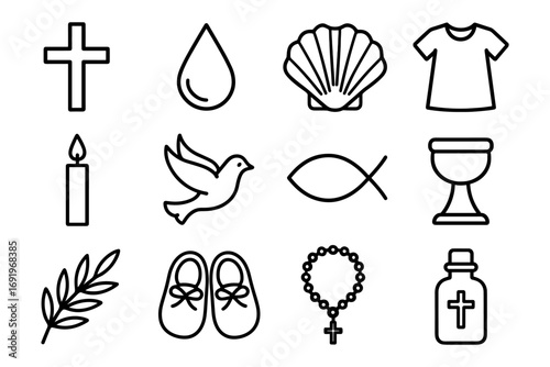 Christian symbols collection in minimalist linear style for religious themes