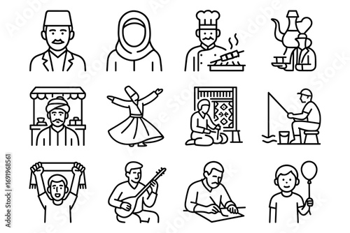 Traditional middle eastern culture and activities in linear icons