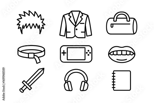 Line art set: fashion, gaming, and leisure essentials icon collection