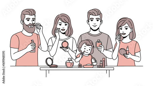 Diverse group of people applying makeup and skincare products together in a fun and engaging shared beauty routine illustration