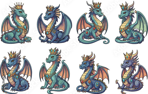 Majestic royal dragons wearing crowns and jewelry, fantasy mythical creatures in regal attire, detailed vector illustration for magical and medieval design projects