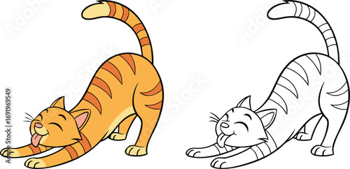 Orange tabby cat stretching with tongue out cartoon