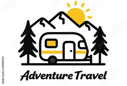 Stylized Camper Van Adventure in Mountain and Forest Landscape with Sun