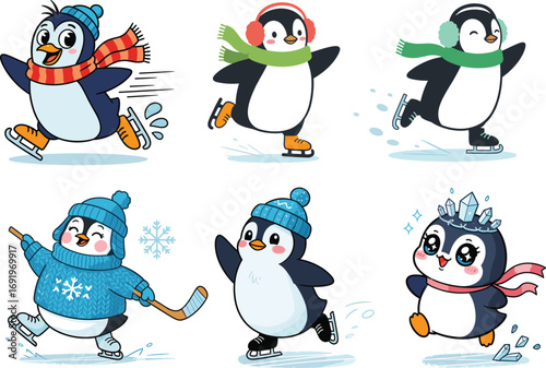Playful cartoon penguins in winter clothing ice skating, playing hockey, and running joyfully with scarves, hats, earmuffs, and festive accessories