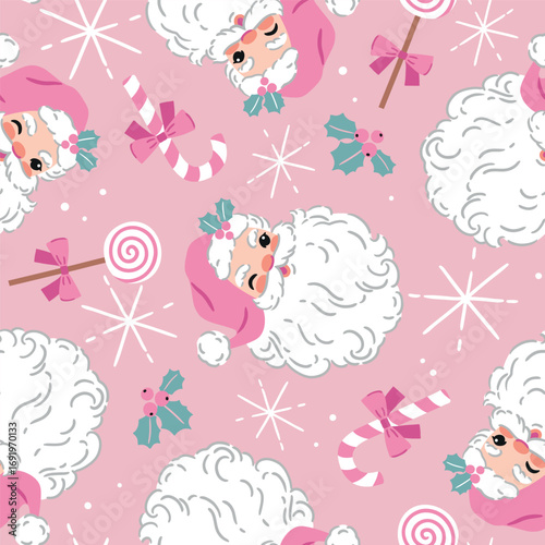 Seamless vector pattern with cute vintage Santa Claus head. Hand drawn retro Christmas pattern. Perfect for textile, wallpaper or nursery print design. EPS10 vector file.