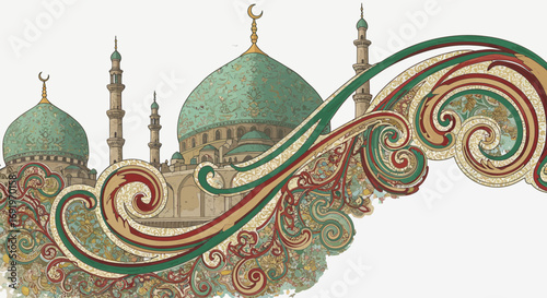 Majestic Islamic mosque architecture with ornate decorative patterns and crescent moon symbolizing faith and culture