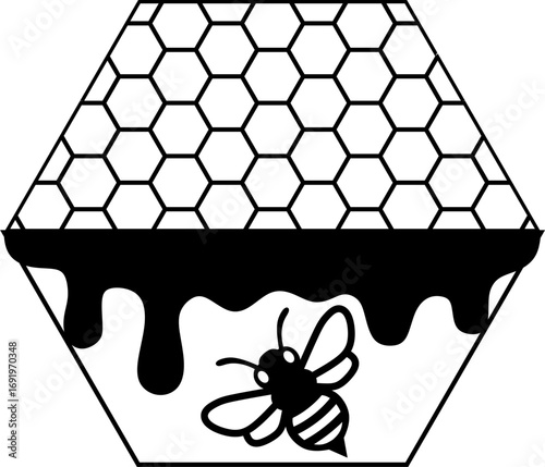 Stylized image of a bee, honeycomb and drops of honey