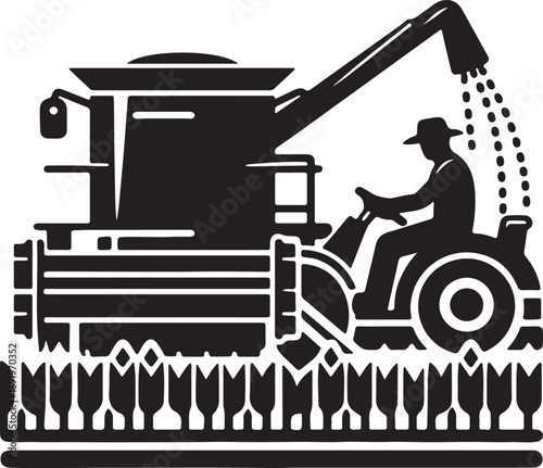 A black and white illustration depicts a farmer operating a combine harvester, a machine used for harvesting crops, in a field of wheat.