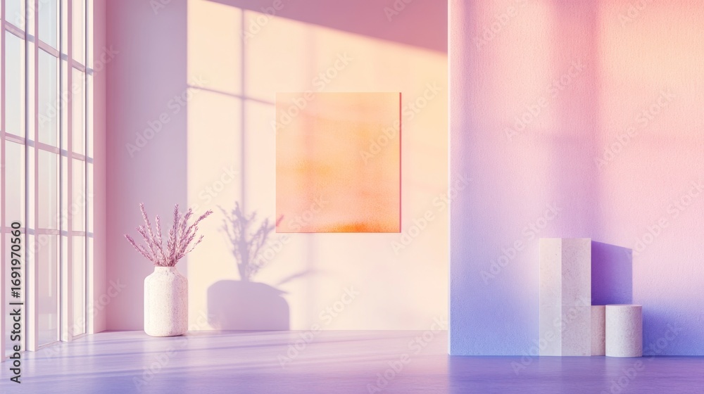 Fototapeta premium Pastel room with sunlight streaming through a window, casting shadows. Interior with art & decor