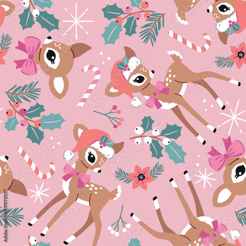 Seamless vector pattern with cute vintage Christmas deer and candy. Hand drawn retro Christmas fawn pattern. Perfect for textile, wallpaper or nursery print design. EPS10 vector file.