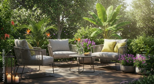 A patio lounge area features 3 rope chairs around a small round table in a lush garden setting