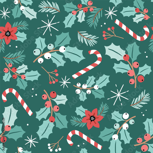 Christmas foliage, candy cane and poinsettia. Hand drawn winter ornament. Seamless vector pattern with for textile, wallpaper or nursery print design. EPS10 vector file.