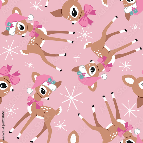 Seamless vector pattern with cute vintage Christmas deer and candy. Hand drawn retro Christmas fawn pattern. Perfect for textile, wallpaper or nursery print design. EPS10 vector file.