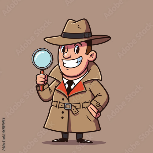 Cartoon detective with a big smile, brown trench coat, fedora, and magnifying glass.