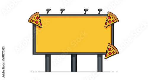 Billboard Adorned with Pizza Slices, Yellow Signage, and Gray Frame