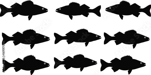 Black fish silhouette collection featuring identical aquatic animal shapes in two rows, vector illustration for fishing, marine life, and seafood design