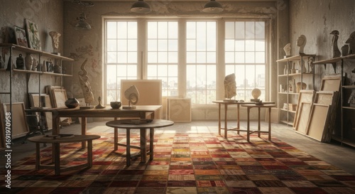 An art studio filled with tables paintings sculptures and shelves against large windows