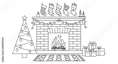 Cozy Christmas Scene with Fireplace, Stockings, Tree, and Presents Outline
