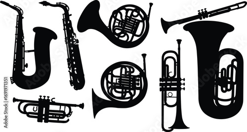 Black silhouettes of brass and woodwind musical instruments including saxophone, trumpet, tuba, French horn, cornet, euphonium for vector illustration design