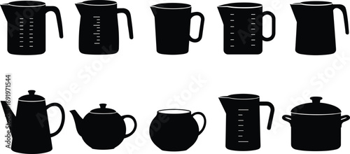 Collection of black silhouette kitchenware items including coffee pots, teapots, measuring cups, and cookware, showcasing various shapes and sizes.