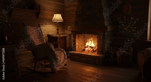 Cozy log cabin interior with a roaring fireplace and a rocking chair draped with a chunky knit blanket